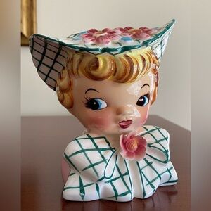 Vintage Geo Z Lefton Japan Dainty Miss Lady Head Vase Green Floral 1950’s